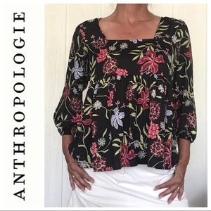 ANTHROPOLOGIE BLACK FLORAL BABYDOLL SWINGY TOP SMALL